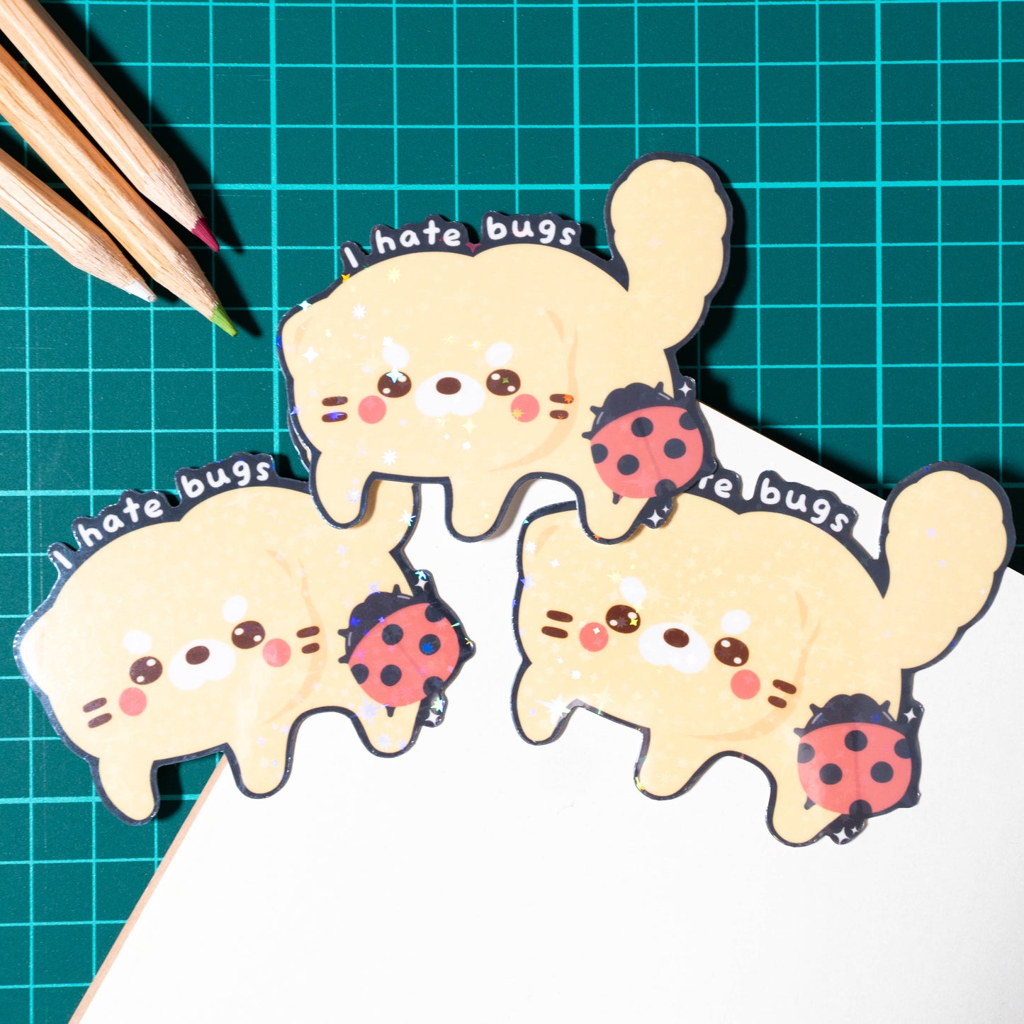 Yellow Cat Hates Bugs Holo Vinyl Sticker